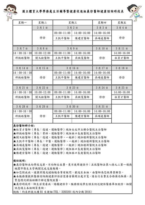3月份義診醫師門診時間